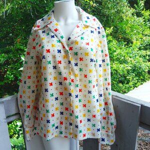 1970s Novelty Funky Geometric Retro Mod Colorful Button Down Collar Shirt